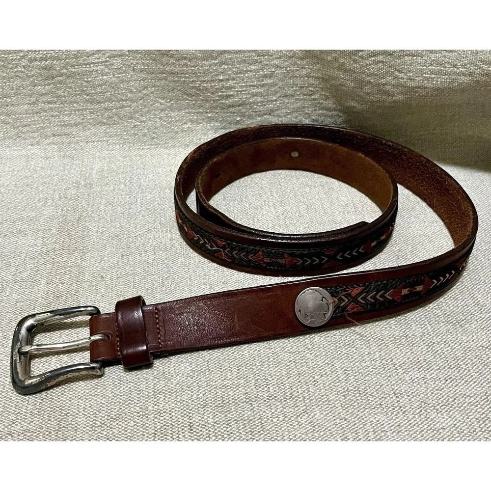 Brighton Sz 38 Buffalo Nickel Leather Belt Southwest Design Western Unisex Brown